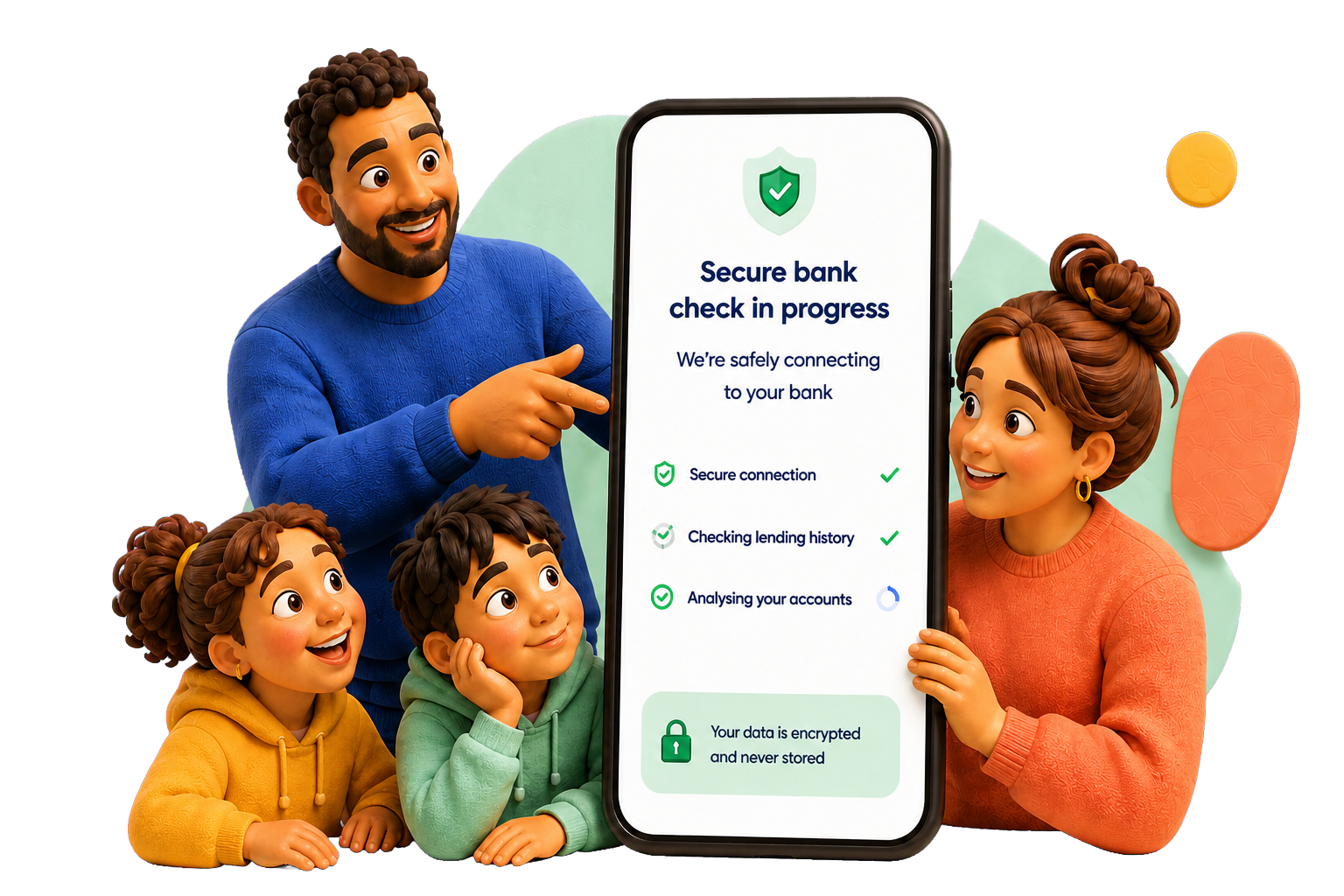 Family reviewing a secure bank check in progress.