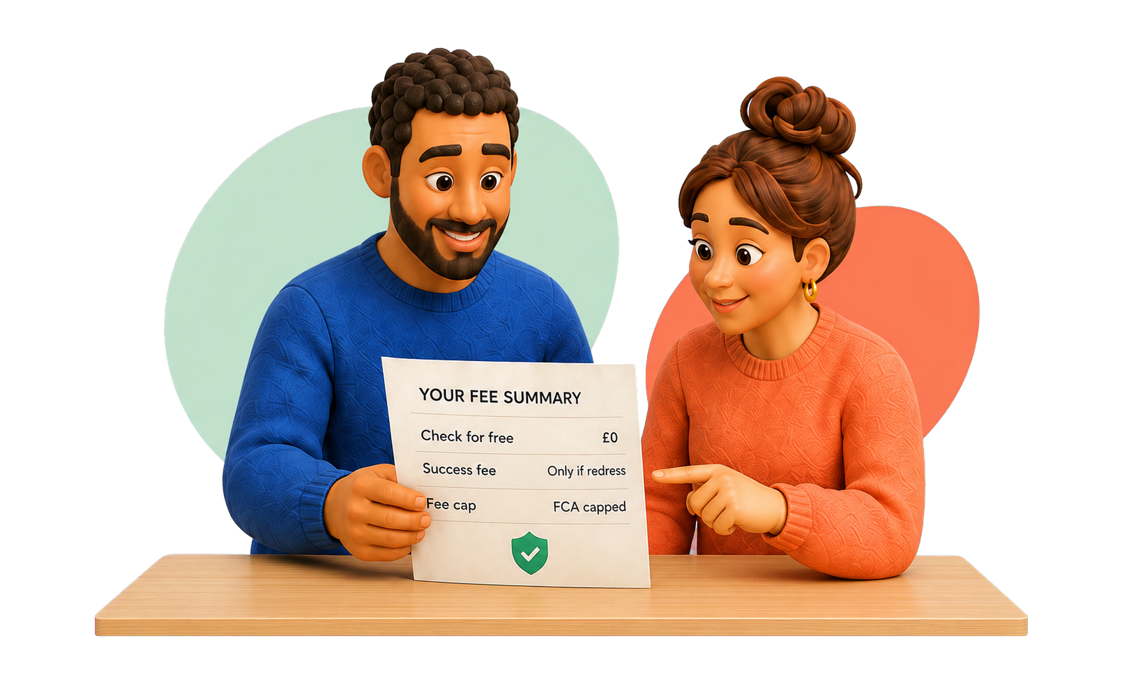 Couple reviewing a fee summary showing a free eligibility check and a capped success fee.