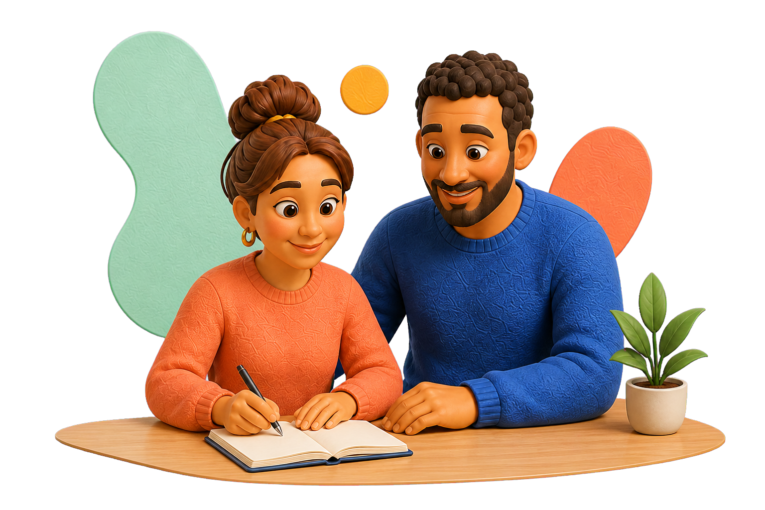 Couple writing down information together.