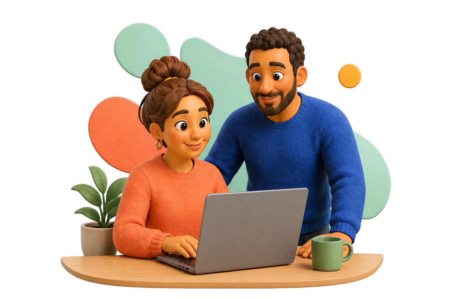 Couple finding support information together on a laptop.